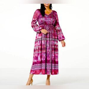 ONE WORLD Printed V-Neck Maxi Dress berry color L(P2P 22-25”) NWT